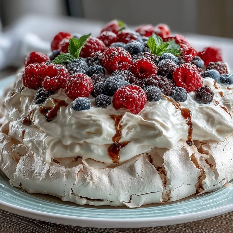 Celebrate Mothers Day with a pavlova featuring a marshmallow center, whipped cream, and fresh mixed berries for a stunning dessert.