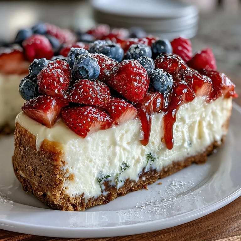 Creamy no-bake cheesecake topped with vibrant red strawberries and juicy blueberries, styled like the American flag for Independence Day.