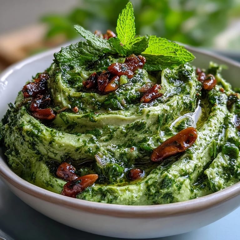 Creamy dandelion pesto featuring garlic and toasted pine nuts, ideal for dipping or spreading.