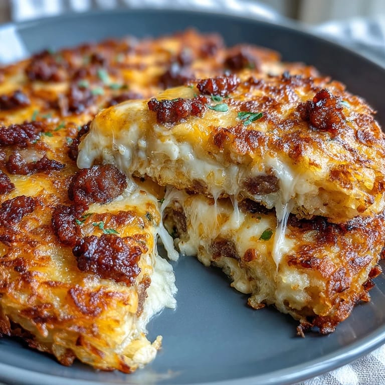 Savory Amish breakfast bake loaded with sausage, bell peppers, and melted cheese over golden hash browns.