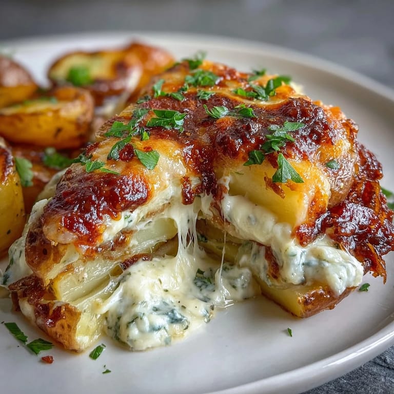 Creamy, cheesy scalloped potatoes with tender onion slices, baked to a golden, savory perfection.