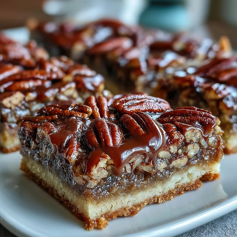 Close-up of Kentucky Derby Pecan Pie Bars with Bourbon Glaze, buttery shortbread crust layered with rich pecan filling and a shiny bourbon drizzle.