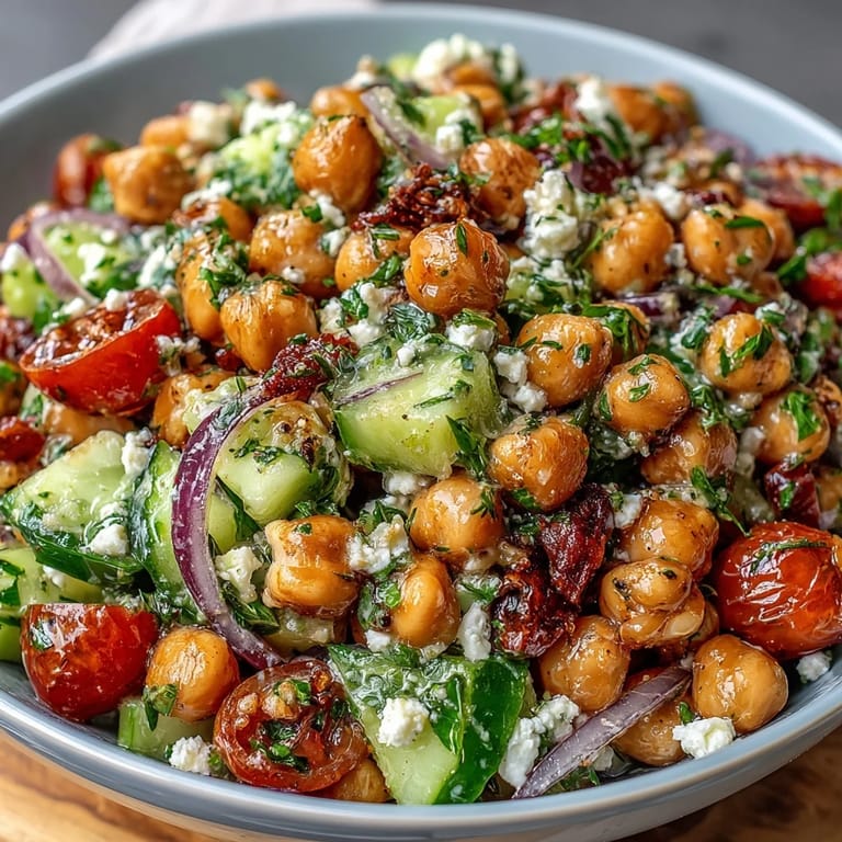 Colorful cold chickpea salad with lemon, parsley, and mint, offering a zesty, protein-packed Mediterranean-inspired dish for warm days.