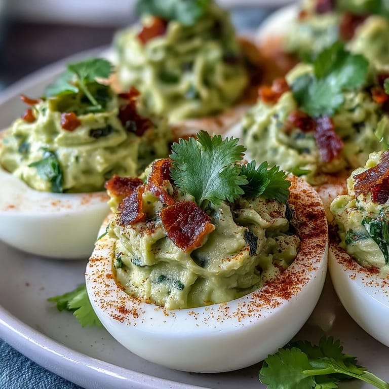 Classic deviled eggs transformed with zesty guacamole filling, combining mashed egg yolks, ripe avocado, and jalapeño for a flavorful twist.