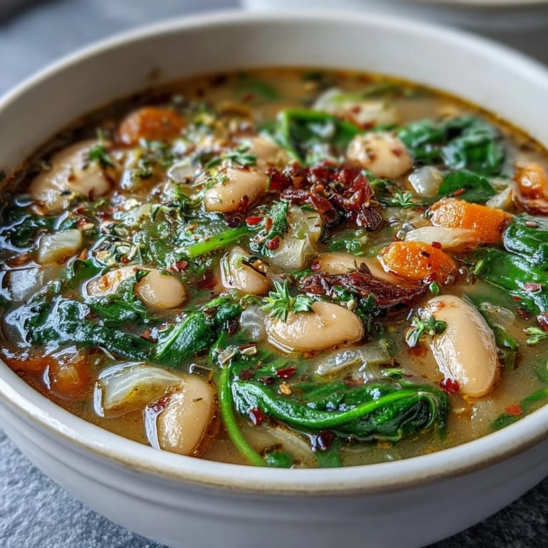 Slow-cooked Tuscan White Bean and Spinach Soup with fresh baby spinach, aromatic Italian herbs, and hearty vegetables, perfect for a nourishing vegetarian dinner.