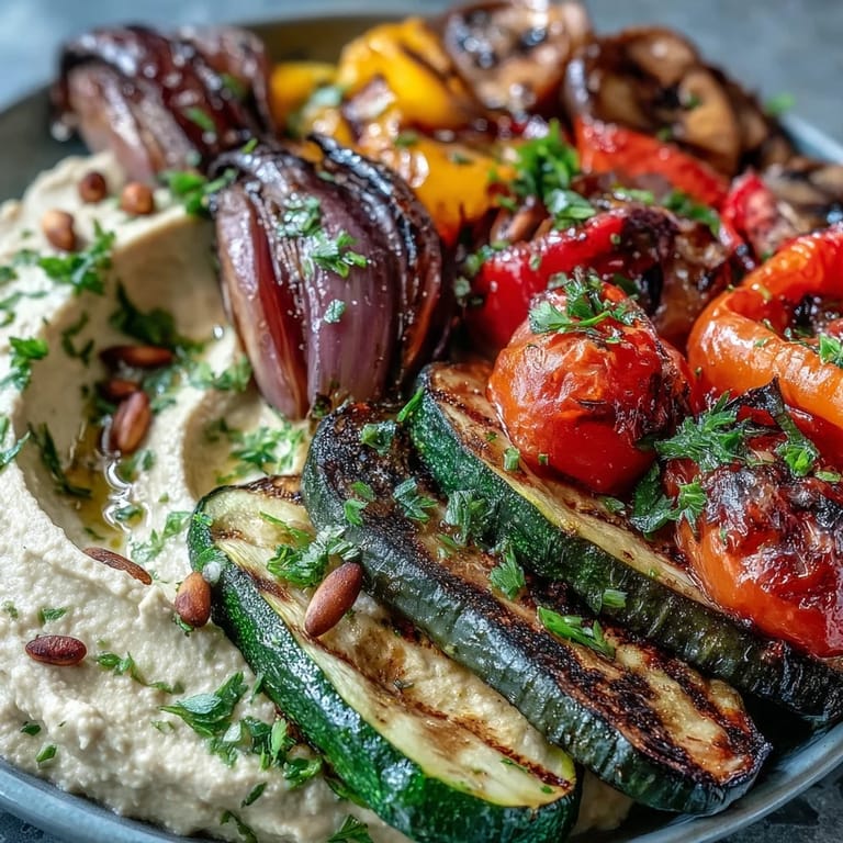 Vibrant grilled vegetables and smooth hummus create a healthy, Mediterranean-inspired appetizer or light meal.  
