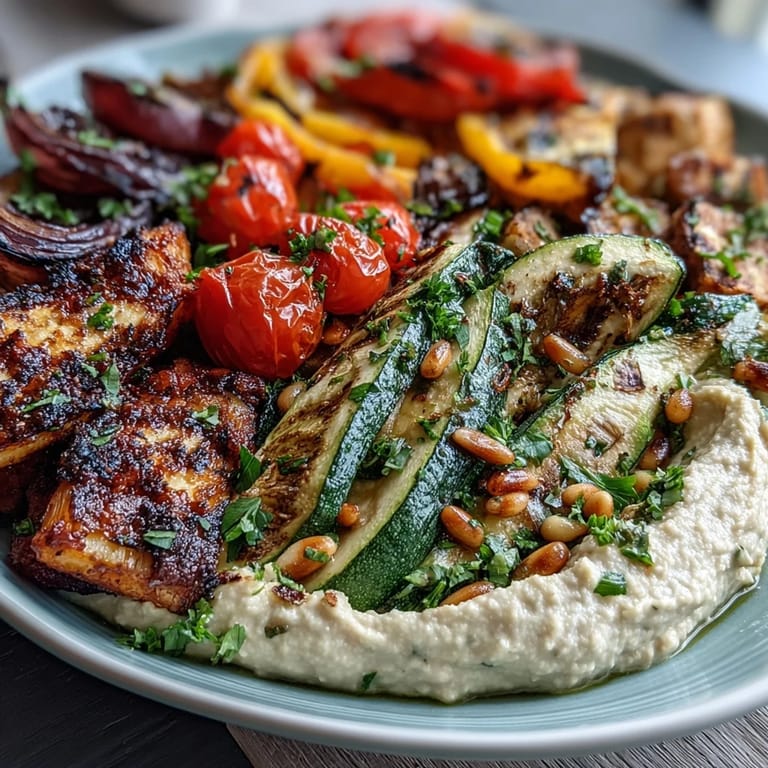 A colorful array of grilled veggies served with rich hummus, perfect for summer gatherings or healthy snacking.