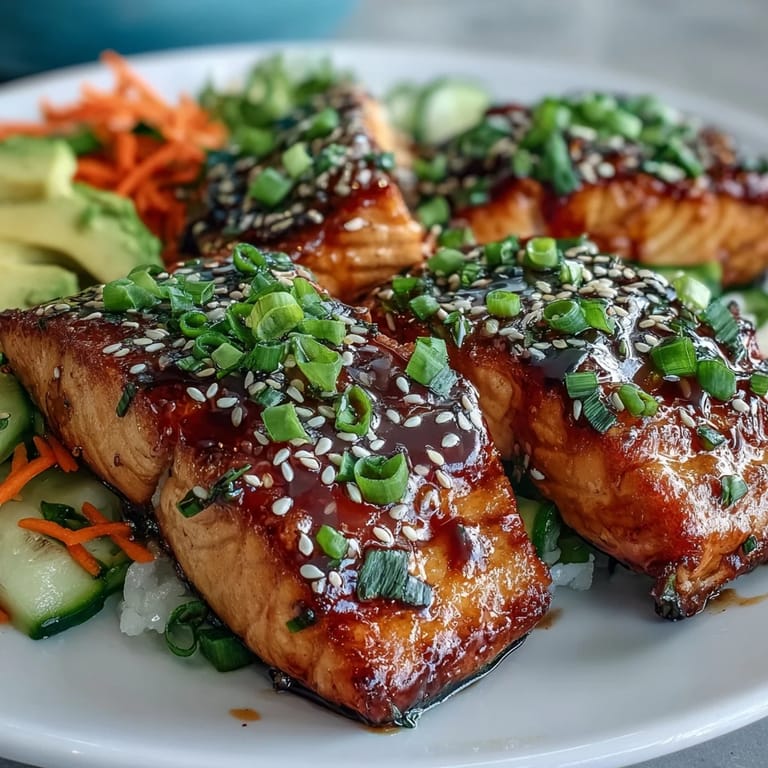 Vibrant teriyaki salmon bowl with avocado, cucumber, carrot, and sesame seeds on a bed of jasmine rice.