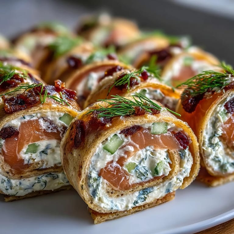 Creamy dill-infused cheese, crisp cucumber, and smoked salmon wrapped in flour tortillas, sliced into elegant bite-sized spirals.  