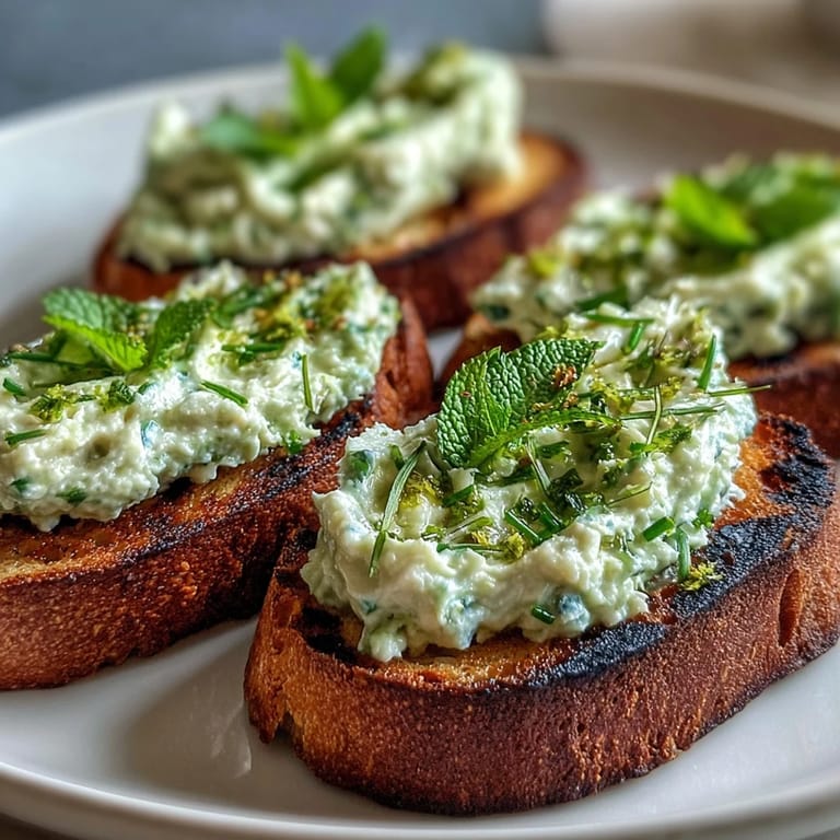 Vibrant spring appetizer of mashed fava beans, mint, and lemon zest atop smoky sourdough slices.  