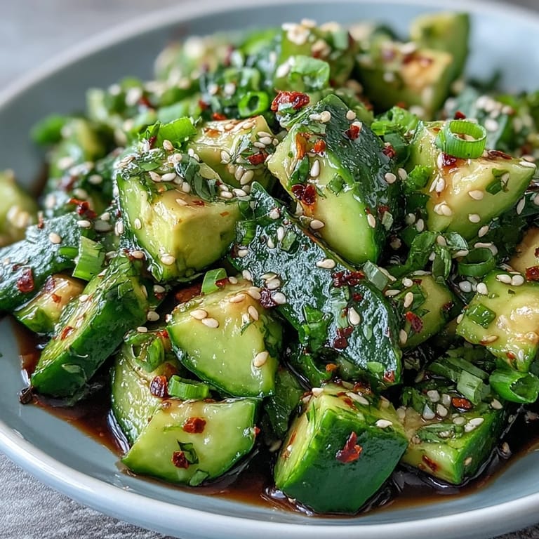 Creamy avocado cubes and crisp smashed cucumbers tossed with toasted sesame seeds, fresh herbs, and a tangy Asian-inspired dressing.