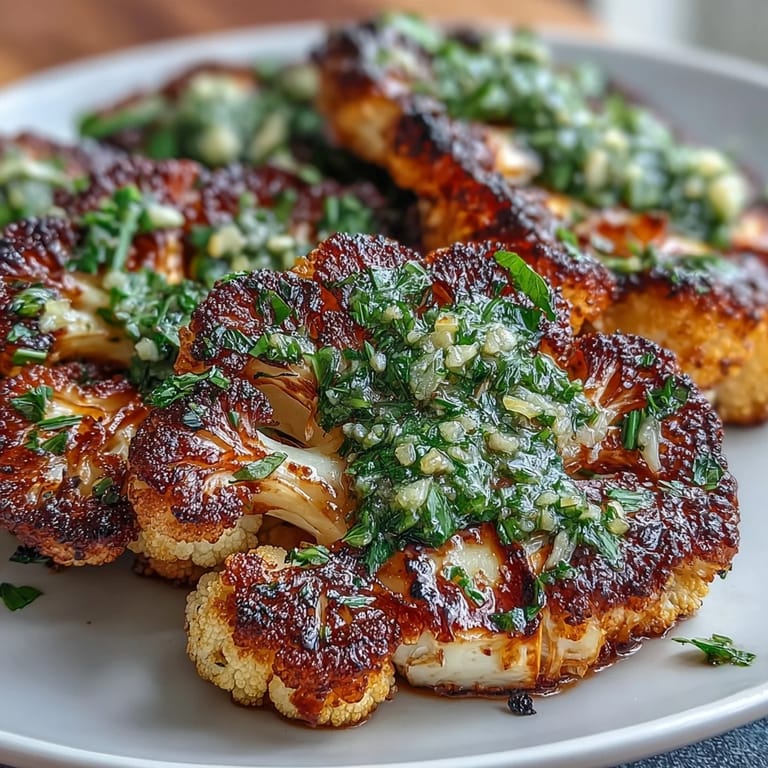Charred cauliflower steaks topped with fresh herb chimichurri, perfect for plant-based grilling and summer cookouts.