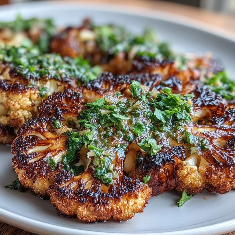 Tender cauliflower steaks with smoky spices and zesty chimichurri, an easy gluten-free vegan dinner centerpiece.