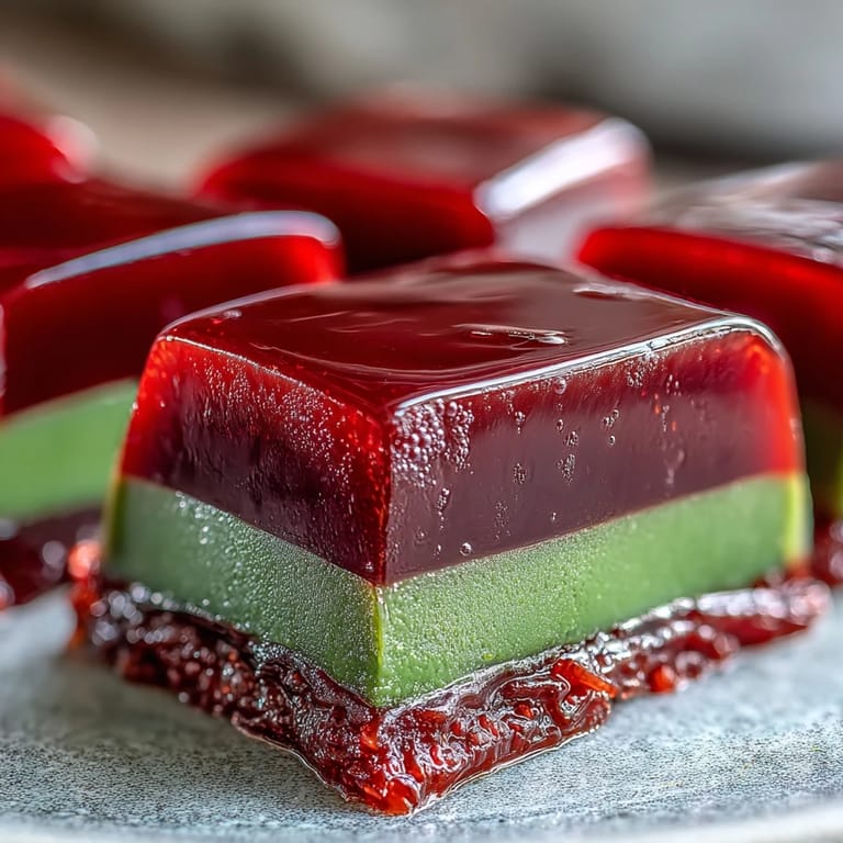 Beautifully layered yokan dessert featuring smooth red bean jelly topped with fragrant matcha, showcasing the traditional Japanese treat's delicate texture and colors.