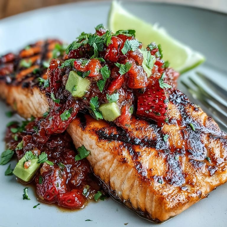 Vibrant grilled salmon fillets topped with a refreshing strawberry avocado salsa, garnished with cilantro and lime wedges for a summer-inspired seafood dish.