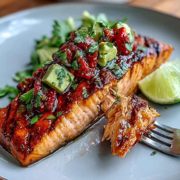 Juicy grilled salmon paired with a colorful strawberry avocado salsa, showcasing the contrast of smoky fish and sweet, tangy fruit topping.