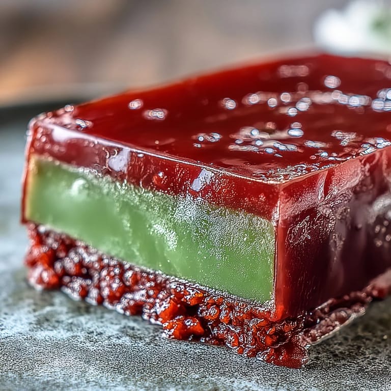 Chilled yokan with red bean and matcha layers, sliced into neat squares and arranged on a bamboo tray for an authentic Japanese dessert experience.