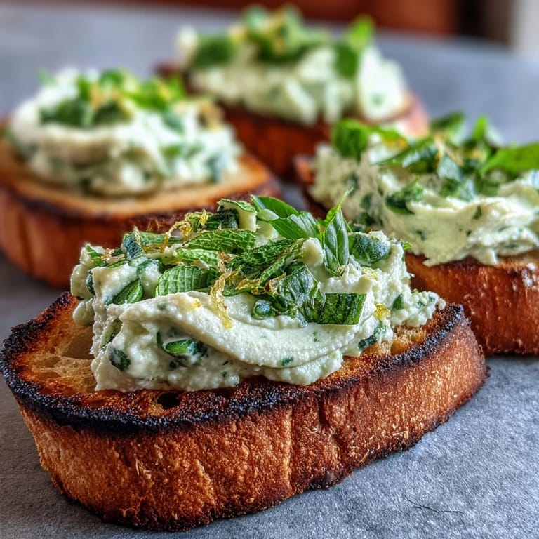 Colorful fava bean and mint spread served on rustic grilled sourdough for a fresh appetizer.