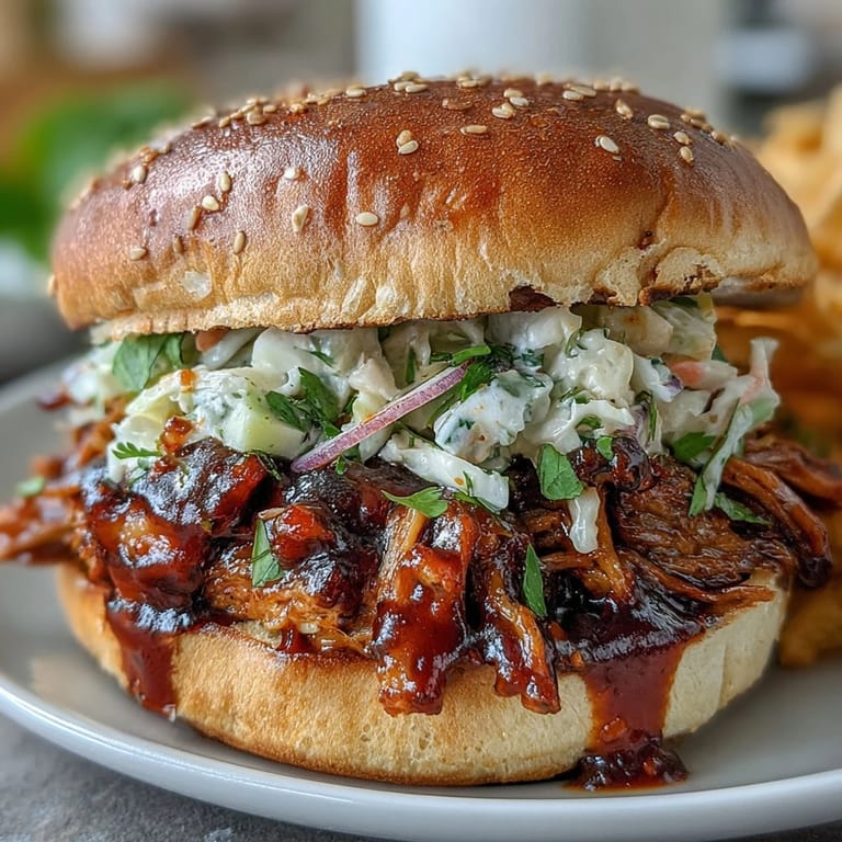 Smoky, shredded jackfruit filling being spooned onto toasted sandwich buns.