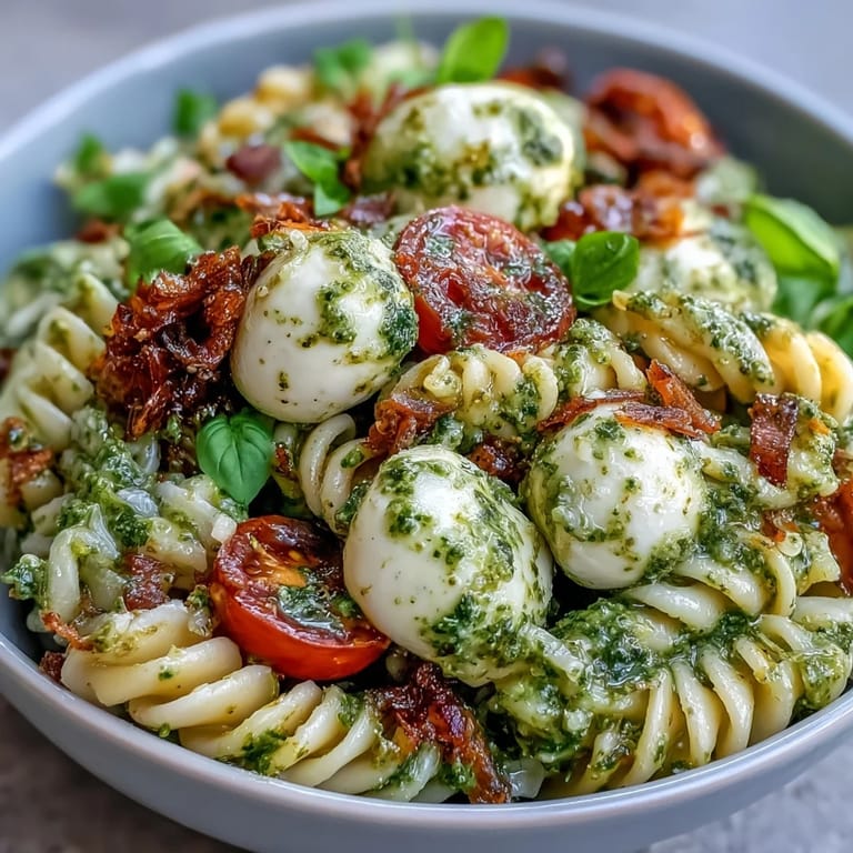 Easy Caprese Pasta Salad featuring basil pesto and mozzarella, a delightful side.