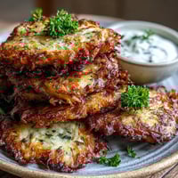 Golden-brown cabbage fritters with shredded carrot and parsley, sizzling in a pan with a creamy dipping sauce on the side.