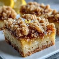 Freshly baked Homemade Lemon Crumb Bars with golden crumb topping and bright yellow citrus filling on a rustic wooden table.