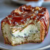 Freshly baked Caramel Cream Cheese Bread with a gooey caramel swirl and cream cheese center on a white plate.