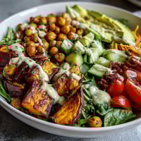 Freshly roasted sweet potatoes and crispy chickpeas top a vibrant Breakfast Buddha Bowl with creamy tahini dressing.