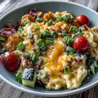 Fluffy scrambled eggs with cheddar cheese and vibrant sautéed veggies in a white bowl.