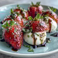 Strawberry Caprese Skewers with Balsamic Drizzle: Colorful appetizer with juicy strawberries, mozzarella, and basil, finished with tangy balsamic reduction.