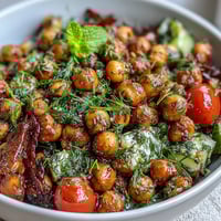 Healthy Easy Cucumber Chickpea Salad with Lemon Vinaigrette in a white bowl, garnished with fresh herbs and lemon slices, served as a light lunch or side dish.  