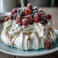 Mothers Day Pavlova with Mixed Berries: a crisp meringue shell topped with whipped cream and vibrant berries for a festive dessert.