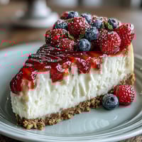 Fourth of July No-Bake Cheesecake Flag Cake with fresh blueberries and strawberries arranged in patriotic stripes and stars.