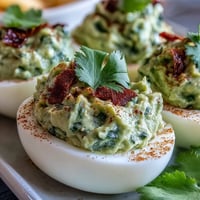 Creamy guacamole stuffed deviled eggs with fresh avocado and lime, garnished with smoked paprika and cilantro for a vibrant appetizer.