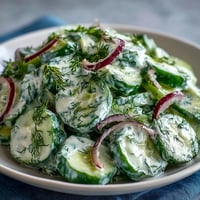 Creamy Cucumber Dill Salad with fresh dill and tangy dressing in a white bowl