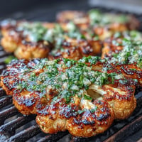 Smoky grilled cauliflower steaks drizzled with vibrant chimichurri sauce, a vegan main dish packed with flavor.