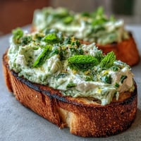 Fresh fava bean and mint bruschetta with creamy ricotta on golden grilled sourdough bread.  