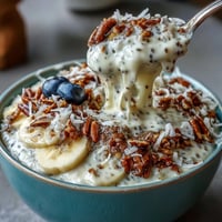 Creamy high fiber smoothie bowl topped lushly with fruit and crunchy seeds.
