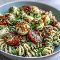 Vibrant Caprese Pasta Salad with juicy tomatoes and creamy mozzarella pearls.